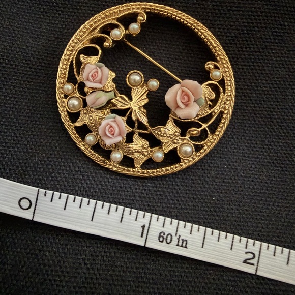 Gold Floral Porcelain Rose Brooch with Pearl Accents - Women Jewelry - Picture 2 of 7